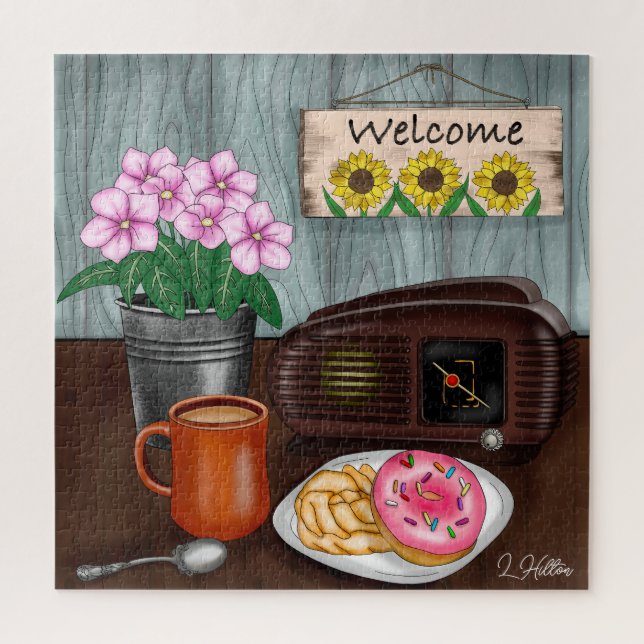 Puzzle Bienvenue, tournesols, beignets et café (Vertical)