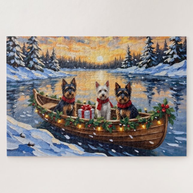 Puzzle Biewer Terrier Christmas Boat Holiday (Horizontal)