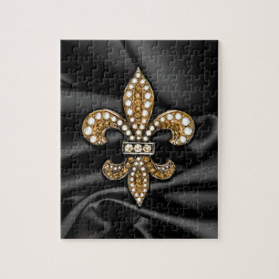 Puzzle Bijou en Satin Noir Or Fleur De Lis