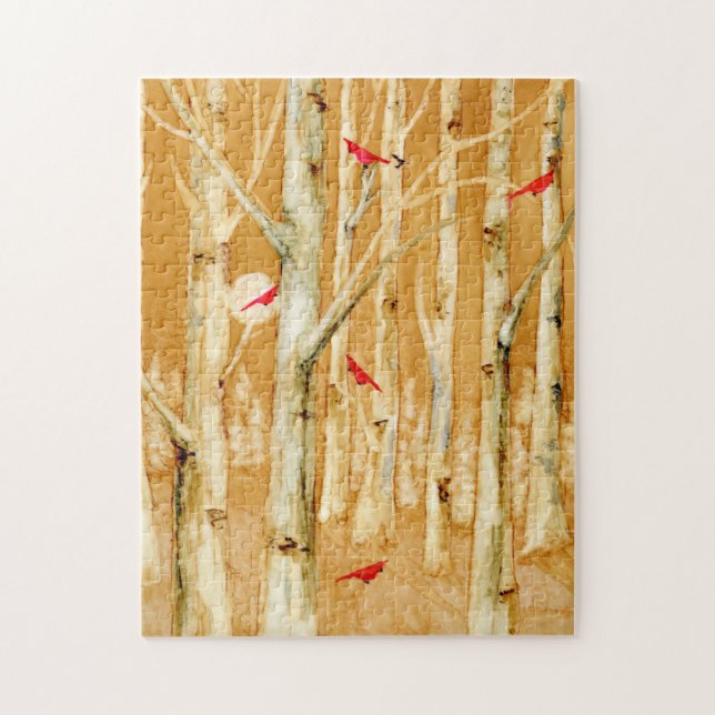 Puzzle Birch Trees Red Cardinals Art (Vertical)