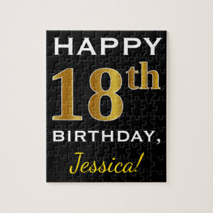 Puzzle Black, Faux Gold 18th Birthday + Custom Name
