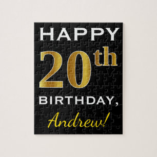 Puzzle Black, Faux Gold 20th Birthday + Custom Name