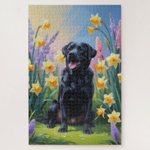 Puzzle Black Labrador Fleurs de printemps de chien Peintu