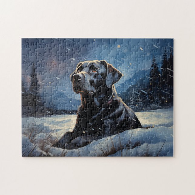 Puzzle Black Labrador la nuit d'hiver (Horizontal)