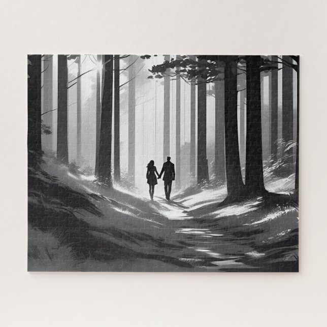 Puzzle Black & White Romantic Couple Walk in the Woods (Horizontal)