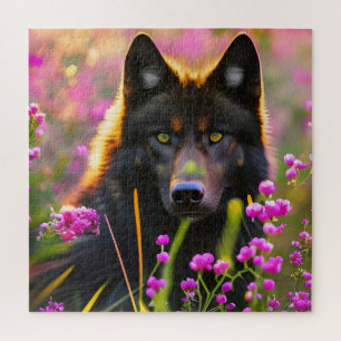 Puzzle Black wolf  in pink flowers