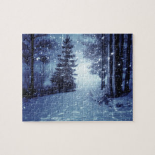 Puzzle Bleu Moonlit Forêt magique Scène d'hiver