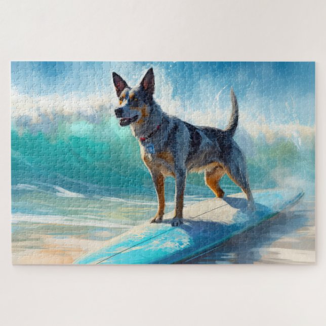 Puzzle Blue Heeler Beach Surfing Painting  (Horizontal)