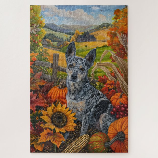 Puzzle Blue Heeler Chien Moisson d'automne Thankgiving (Vertical)
