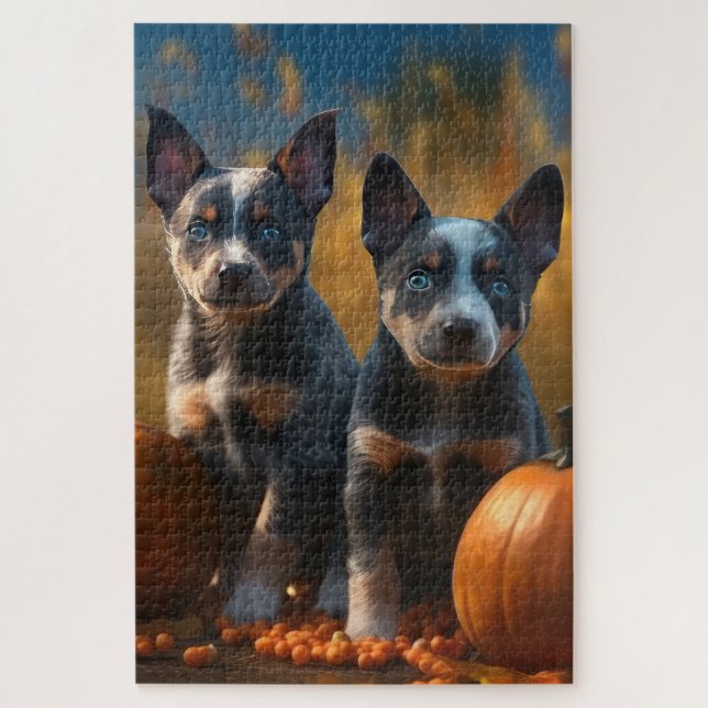 Puzzle Blue Heeler Chiot Automne Citrouille de plaisir (Vertical)