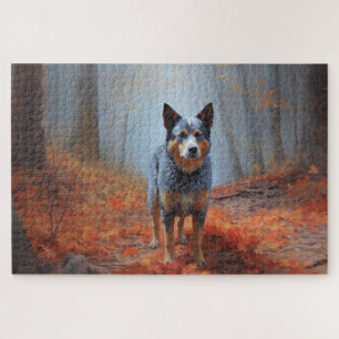 Puzzle Blue Heeler dans les feuilles d'automne qui tomben