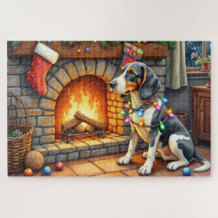 Puzzle Bluetick Coonhound Cheminée avec Lumières de Noël