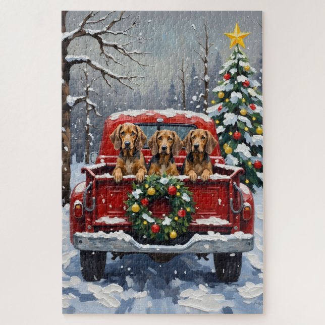 Puzzle Bluetick Coonhound Christmas Red Truck Holiday (Vertical)