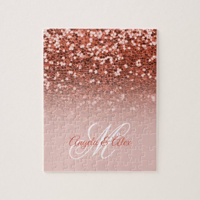 Puzzle Blush de cuivre Confetti Paillettes Ombré Monogram (Vertical)