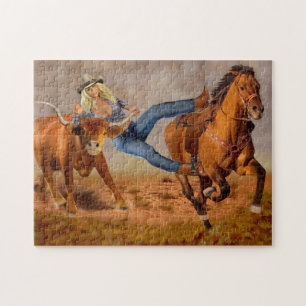Puzzle Boeuf de cow-girl luttant