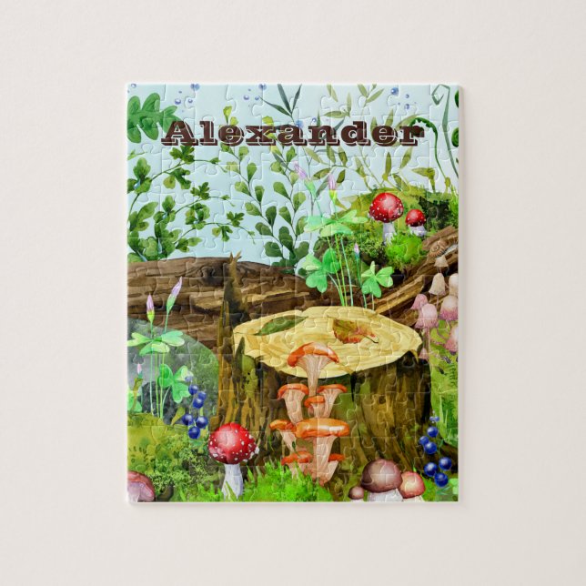 Puzzle Bois Aquarelle Forêt Champignons Nom du Plante (Vertical)