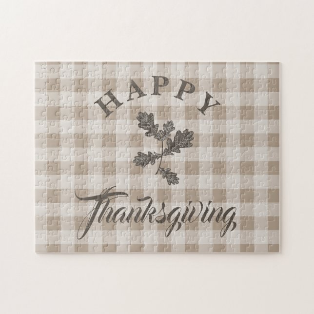 Puzzle Bon thanksgiving de feuillage moderne Taupe Plaid (Horizontal)
