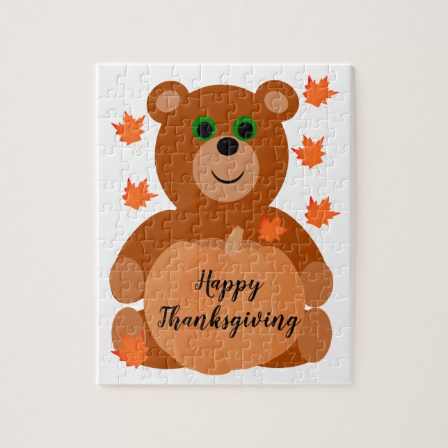 Puzzle Bon thanksgiving mignon Ours Teddy Citrouille Feui (Vertical)