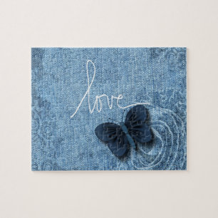 Puzzle Bonbon bleu à amour de papillon de denim
