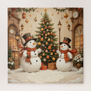 Puzzle Bonhommes de neige rétro festifs et sapin de Noël