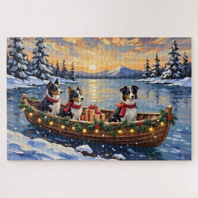 Puzzle Border Collie Christmas Boat Holiday (Horizontal)