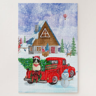 Puzzle Border Collie dog In Christmas Delivery Truck Snow