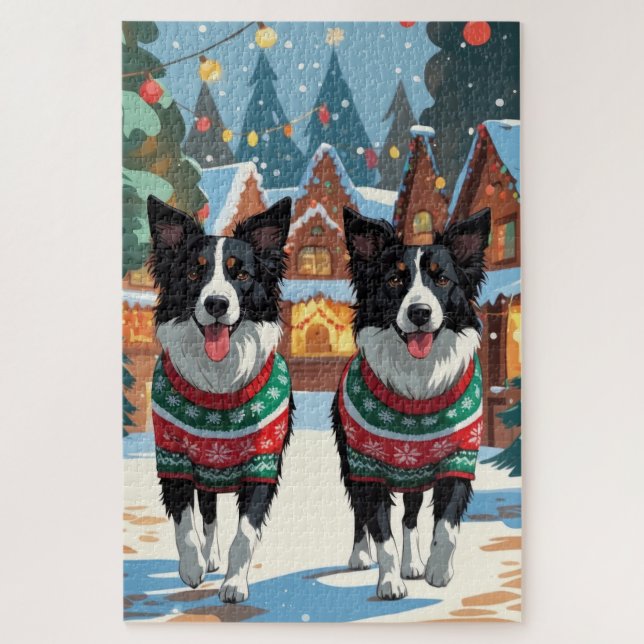 Puzzle Border Collie Dogs Christmas Snow Holiday (Vertical)