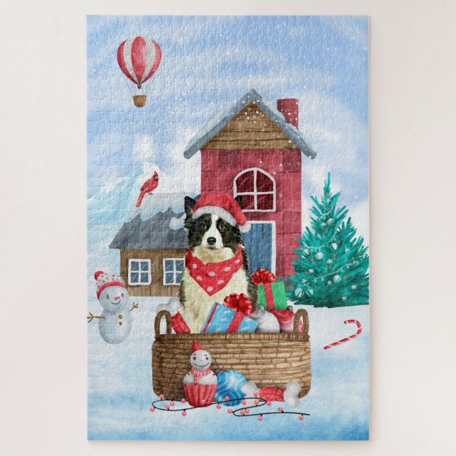 Puzzle Bordure Collie Chien dans la neige Maison de Chien (Vertical)