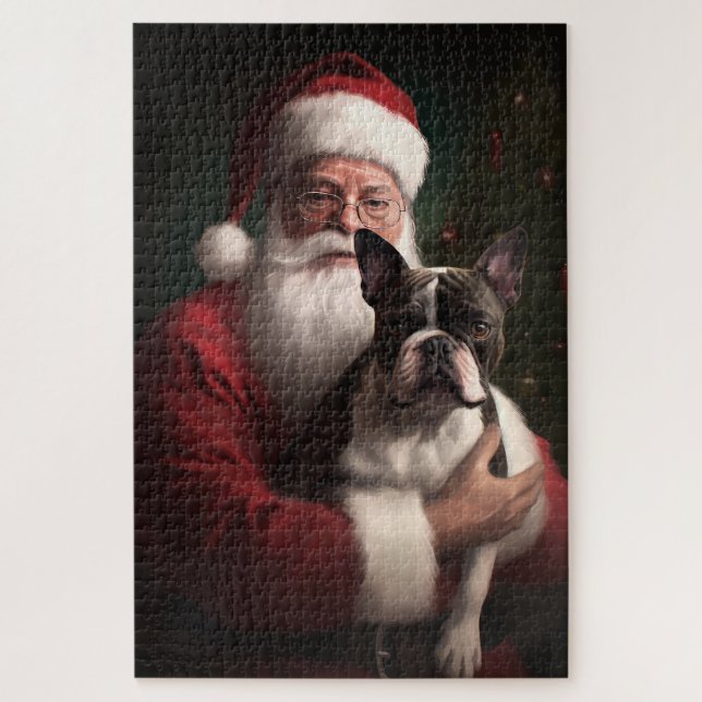 Puzzle Boston Terrier avec Noël Festif du Père Noël (Vertical)