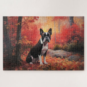 Puzzle Boston Terrier dans les feuilles d'automne qui tom