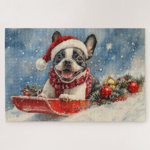 Puzzle Boston Terrier Dog in Sledge Let it Neige Noël