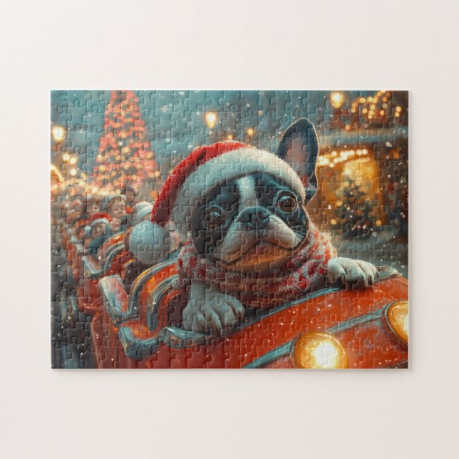Puzzle Boston Terrier Dog Roller Dessous de verre Noël (Horizontal)