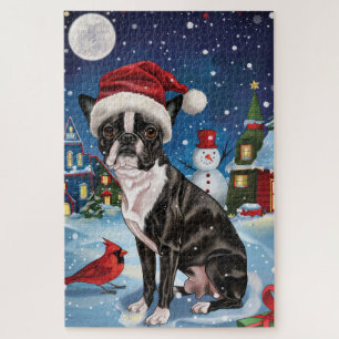 Puzzle Boston Terrier Dog Winter Wonderland Noël Joie