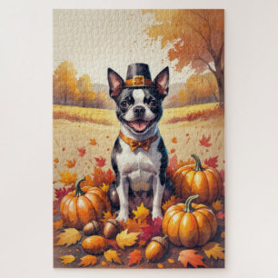 Puzzle Boston Terrier En Automne Quitte L'Art Thanksgivin