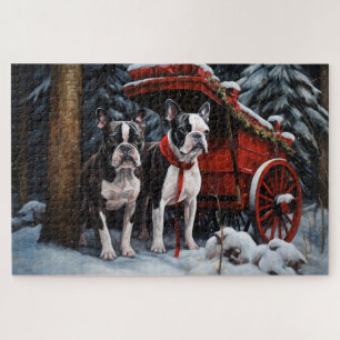 Puzzle Boston Terrier enneigé traîneau décoration de Noël
