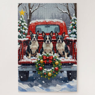 Puzzle Boston Terrier Noël Camion Rouge Fêtes