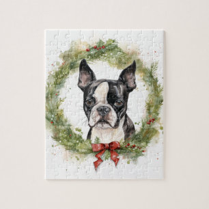 Puzzle Boston Terrier Noël Wreath Festive Pup