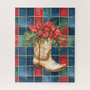 Puzzle Botte de cowboy de l'Ouest Noël Floral rouge