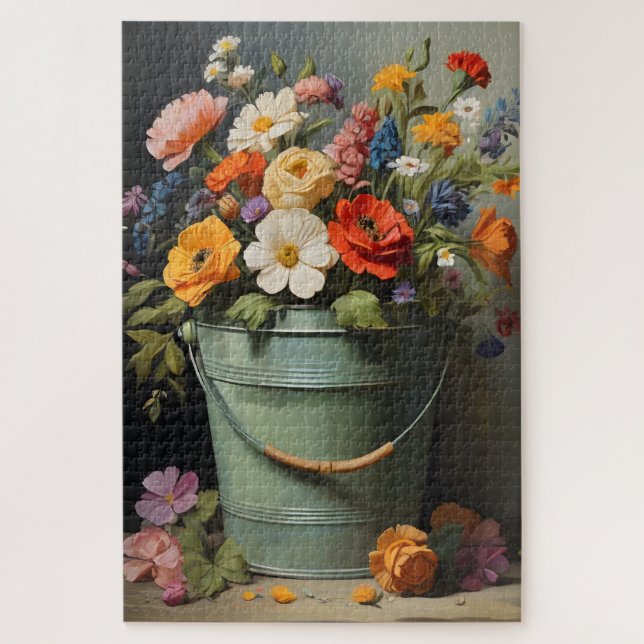 Puzzle Bouquet de fleurs d'été peint dans un seau vert (Vertical)