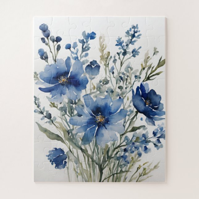 Puzzle Bouquet de fleurs Elégante aquarelle Bleu élégant (Vertical)