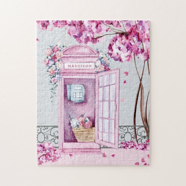 Puzzle Bouteille de téléphone rose floral personnalisée (Vertical)