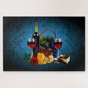 Puzzle Bouteille/raisin/panier, fromage, chocolat, Bleu