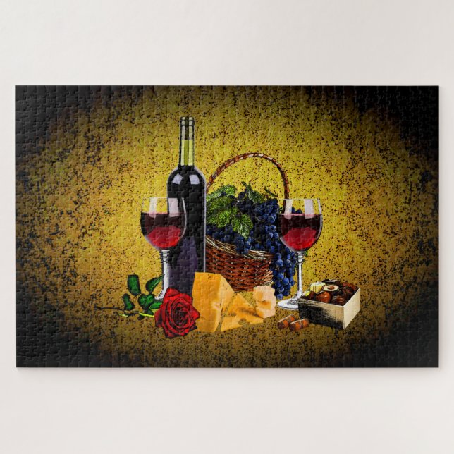Puzzle Bouteille/raisin/panier, fromage, chocolat, Or (Horizontal)