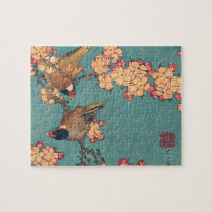 Puzzle Bouvreuil d'Hokusai et fleur de cerisier Estampe d