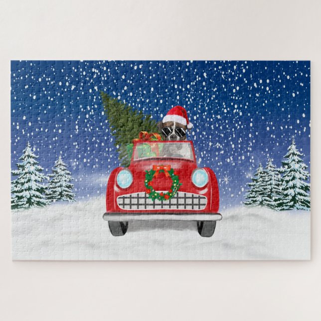 Puzzle Boxer Chien Conduite Voiture En Neige Noël Jigsaw  (Horizontal)
