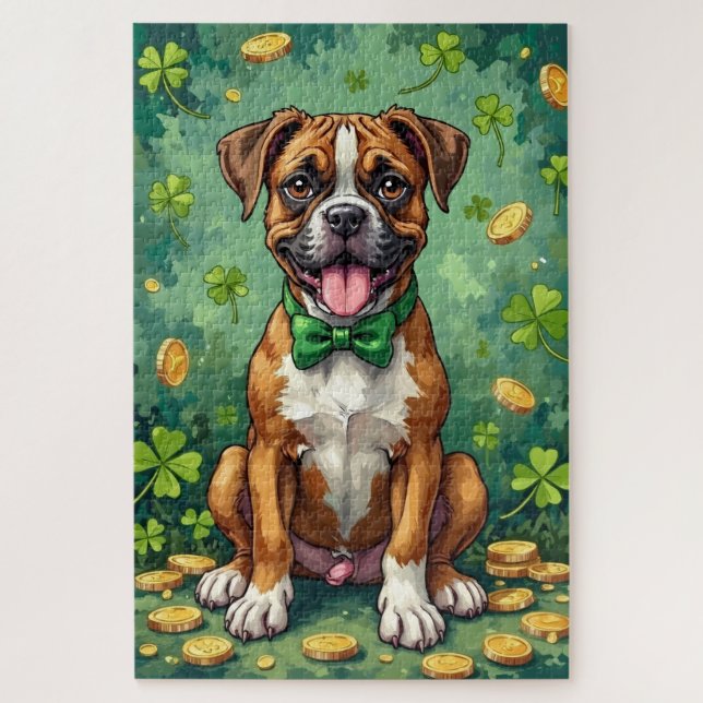 Puzzle Boxer St Patrick’s Day Happy Lucky Dog (Vertical)
