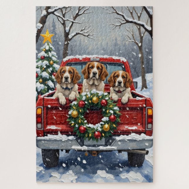 Puzzle Brittany Spaniel Christmas Red Truck Holiday (Vertical)
