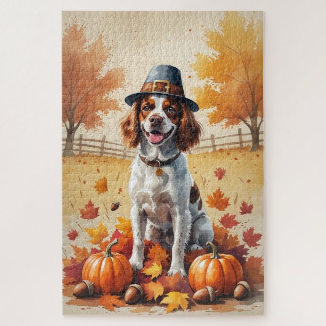 Puzzle Brittany Spaniel En Automne Laisse L'Art Thanksgiv (Vertical)