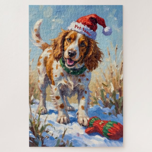 Puzzle Brittany Spaniel Pointing at Santa's Glove Hat (Vertical)