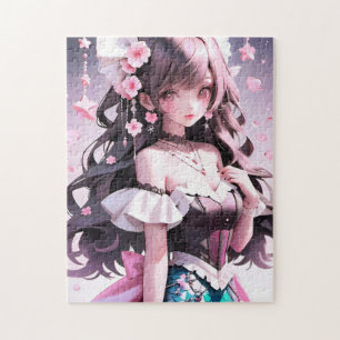 Puzzle Brown Sirène Haired aux fleurs roses dans ses chev